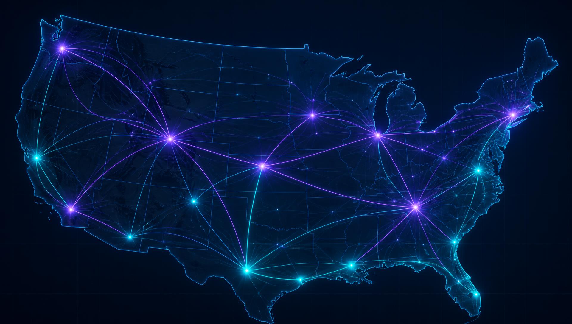 Dark stylized map of the United States with glowing freight corridors